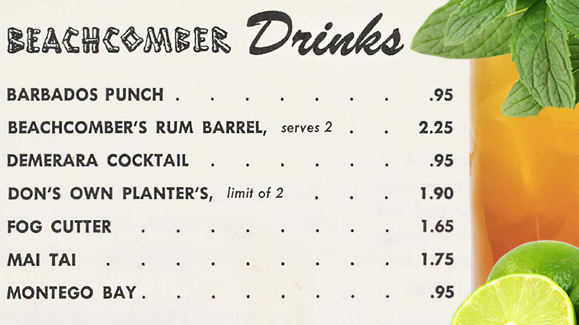 Don The Beachcomber Original Drinks Menu